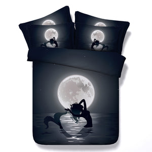 3D 4pc-5pc Black Mermaid Moon Duvet Cover Bedding Set