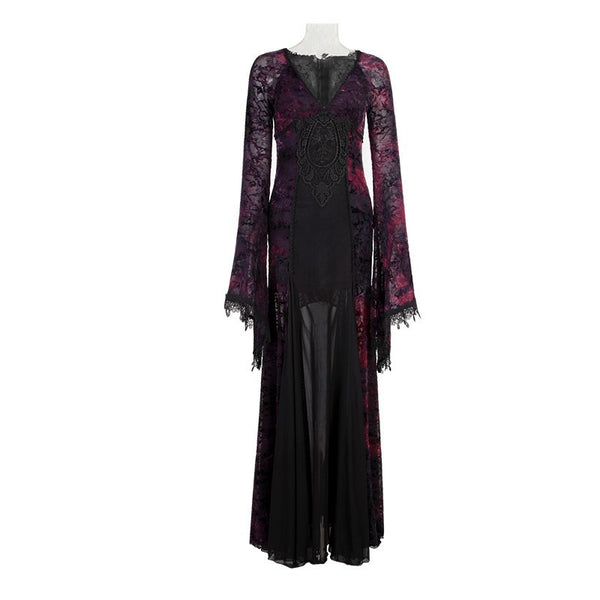 Punk Gothic Palace Flocking Dark Violet Long Dress For Women