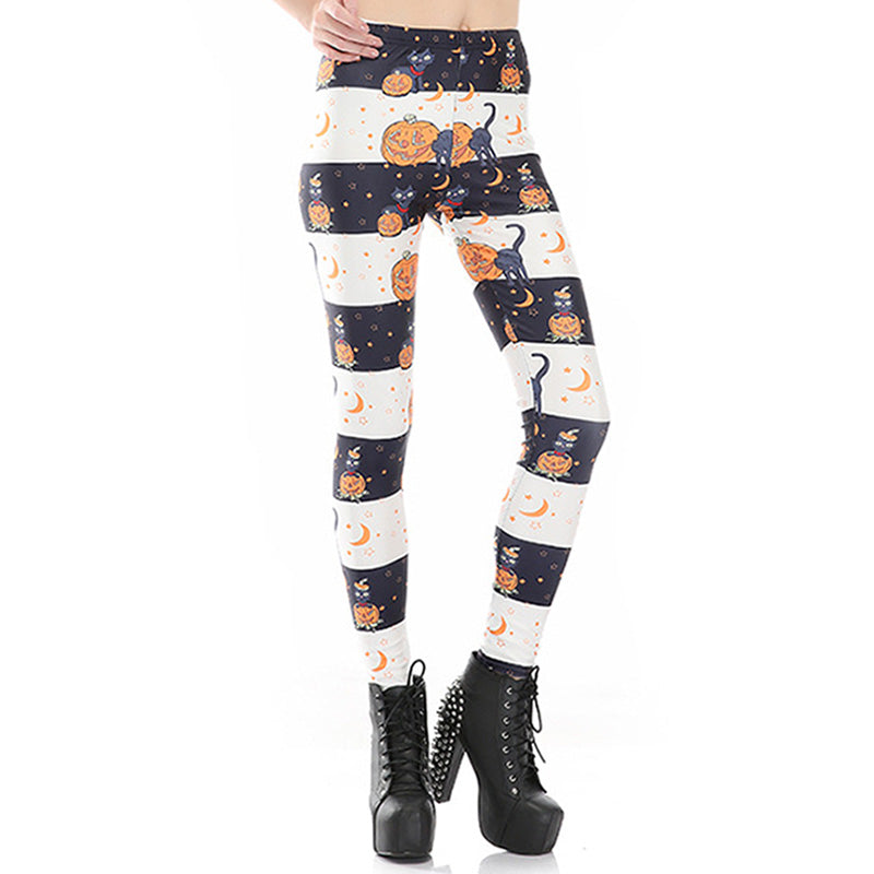 Halloween Black Cat Jack O Lantern Printed Elastic Leggings
