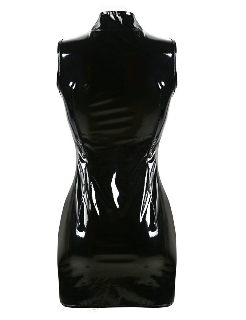 Gothic Black Shiny Zip Up Mini Dress