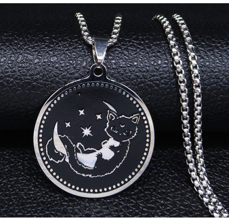 Moon And Cat Stainless Steel Necklace