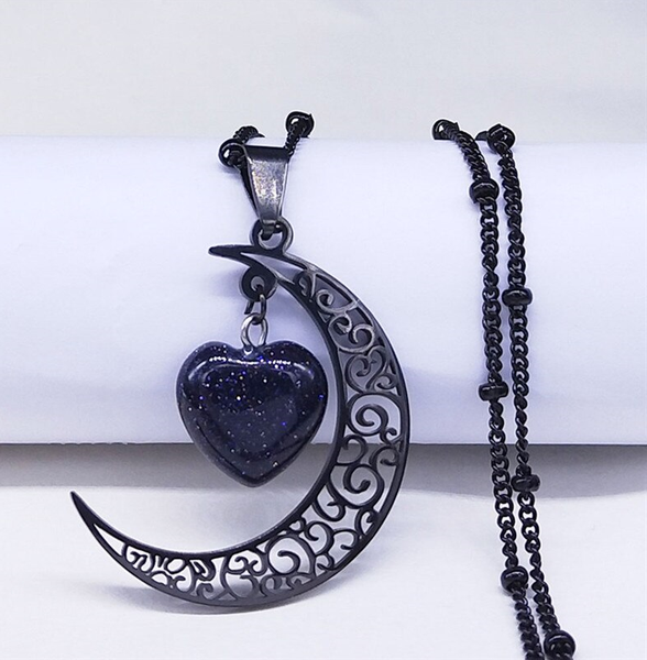 The Moon Charm Black Stainless Steel Necklace