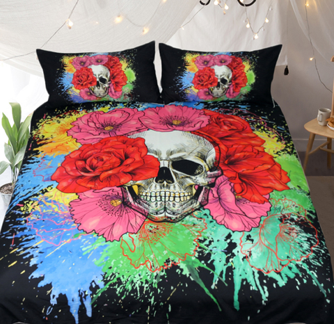 Watercolor Splash Skull Duvet 3pc Bedding Set