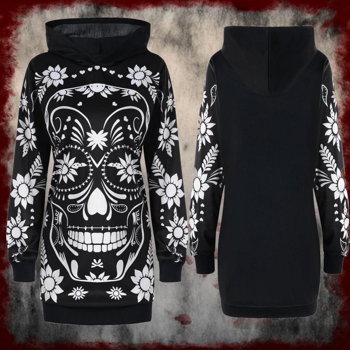 Azulina Hooded Floral Skull Print Sweatshirt